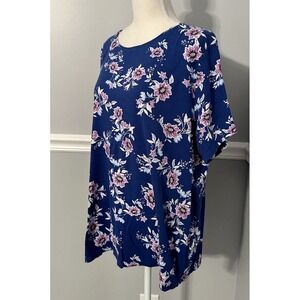 Croft And Barrow Top Womens 2X Blue Floral Breathable Short Sleeve 100% Cotton